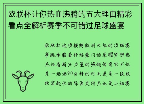 欧联杯让你热血沸腾的五大理由精彩看点全解析赛季不可错过足球盛宴 欧联杯让你热血沸腾的五大理由精彩看点全解析赛季不可错过足球盛宴